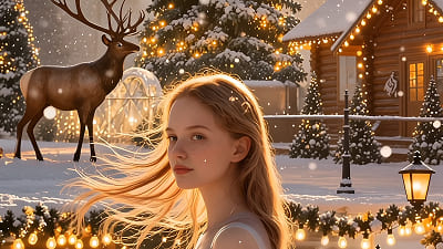 animate a person biting an apple with festive Christmas effects