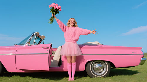 style your image with a bold spring Barbiecore aesthetic