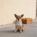 Display Chihuahua sample on a quiet sidewalk beside a citrus crate
