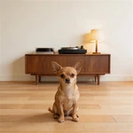 Feature Chihuahua sample in a minimal room with a turntable