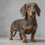 Frame Dachshund sample at a still pond edge with blurred reeds