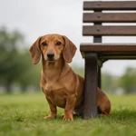 Place Dachshund sample at ground level next to a park bench leg, soft green and gray blur behind