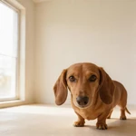 Display Dachshund sample beside a simple park bench