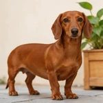 Highlight Dachshund sample beside one simple wooden planter