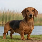 Set Dachshund sample in a bright bay window on plain floor