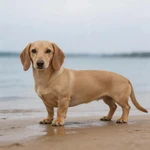 Capture Dachshund sample on wet sand at a calm lake shore