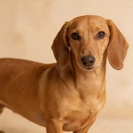 Present Dachshund sample on fine gravel in front of a single buff wall