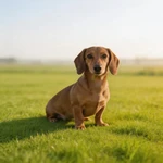 Place Dachshund sample on short meadow grass in soft morning light