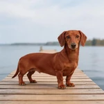 Show Dachshund sample on a small plain wooden dock over still water