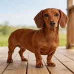 Picture Dachshund sample on a wide plain wooden porch