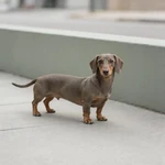 Portray Dachshund sample on a clean sidewalk by a long painted wall