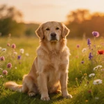 Talking Golden Retriever on a simple background