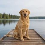 Talking Labrador Retriever bright-eyed portrait facing straight ahead