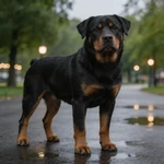 Talking Rottweiler confident front-facing portrait with strong jawline in view