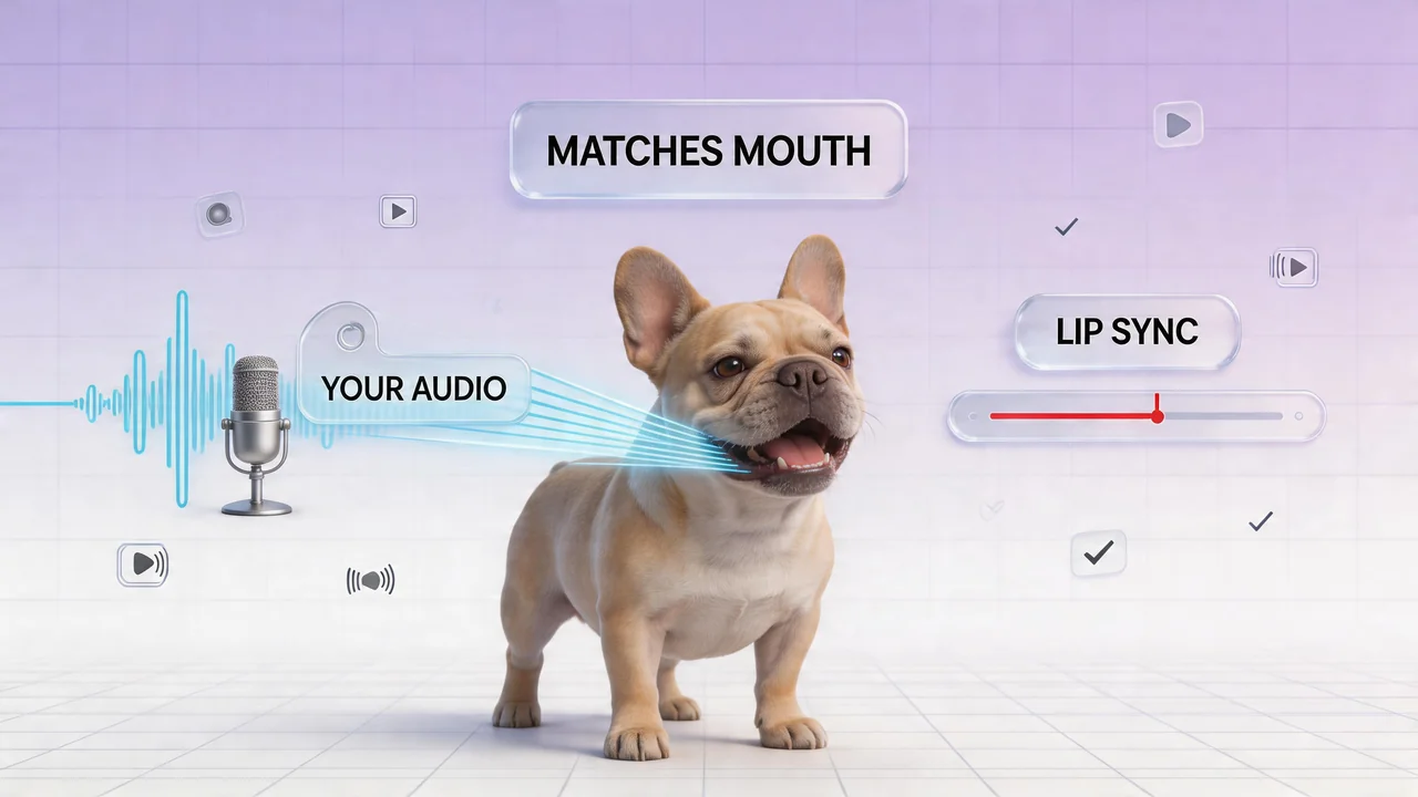 Show French Bulldog lip sync with microphone and waveform