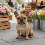 Highlight French Bulldog sample at an outdoor flower market