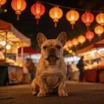 Picture French Bulldog sample under night market lanterns