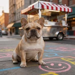 Introduce French Bulldog sample beside a street food cart