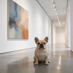 Exhibit French Bulldog sample in a white art gallery corridor