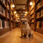 Portray French Bulldog sample between bookstore shelves