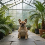 Present French Bulldog sample inside a glass greenhouse