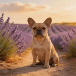 Display French Bulldog sample among lavender rows