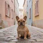 Feature French Bulldog sample on a cobblestone alley