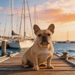 Capture French Bulldog sample on a marina pier with boats