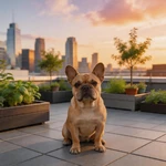 Showcase French Bulldog sample on an urban rooftop garden