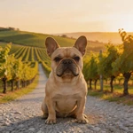 Spotlight French Bulldog sample on a vineyard gravel path