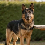 Display German Shepherd sample beside a weathered outdoor wood table