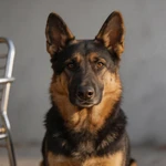 Portray German Shepherd sample beside one outdoor chair and a gray wall