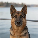 Frame German Shepherd sample beside a quiet lakeside railing