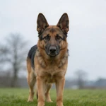 Show German Shepherd sample on terracotta tiles before a warm plaster wall