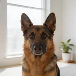 Set German Shepherd sample in a bright window nook with one potted plant