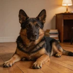 Feature German Shepherd sample in a minimal desk corner indoors
