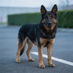 Show German Shepherd sample on empty asphalt with a faded parking line