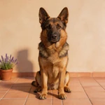 Place German Shepherd sample on open grass with soft blurred trees behind