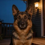 Picture German Shepherd sample on a plain stoop under one porch light