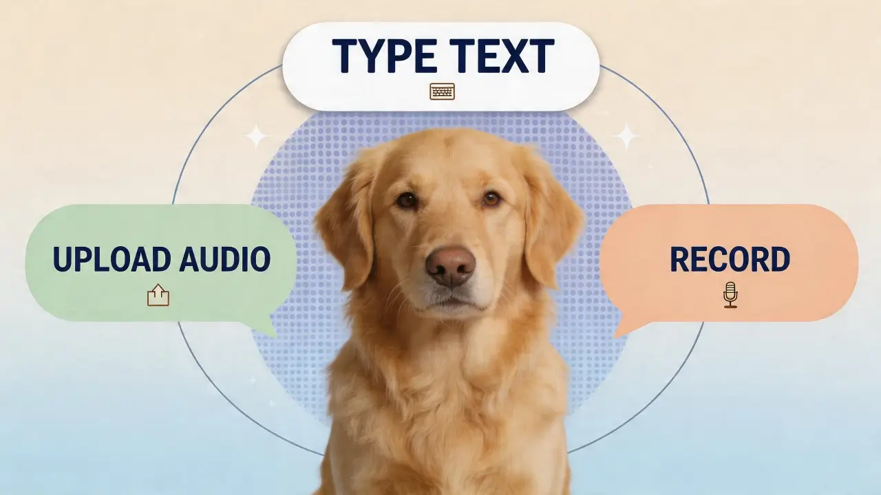 Enter text or add audio file for talking Golden Retriever.
