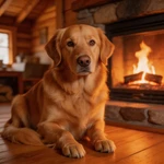 Talking Golden Retriever sitting by a warm glowing fireplace