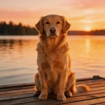 Talking Golden Retriever sitting on a dock by a calm lake at sunset