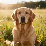 Talking Golden Retriever lying in a grass field with warm sunlight