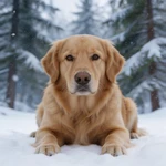 Talking Golden Retriever crouching in snow in a winter forest