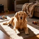 Talking Golden Retriever lying on a white rug