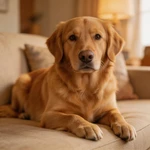 Talking Golden Retriever lying on a cozy sofa in a living room