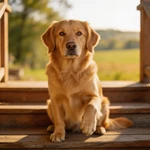 Talking Golden Retriever sitting on rustic wooden porch steps
