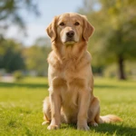 Talking Golden Retriever sitting on green grass in a sunny park