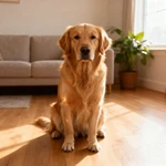 Talking Golden Retriever sitting on wooden floor in a cozy living room