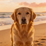 Talking Golden Retriever standing on a sandy beach with ocean waves